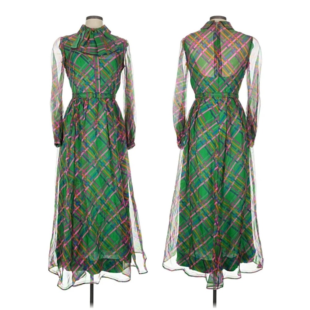Malcolm Starr Rizkallah Vintage 70s Green Plaid Maxi Dress Bow Neck Sheer Sleeve